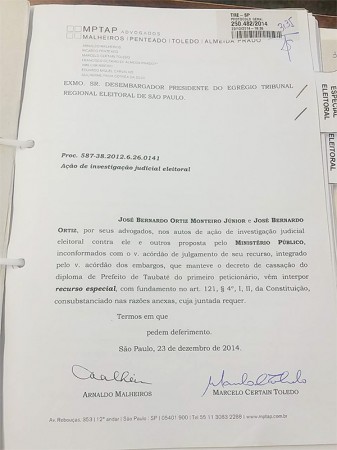 Recurso Especial impetrado no dia 23 de dezembro de 2014 pelos advogados Arnaldo Malheiros e Marcelo Certain Toledo